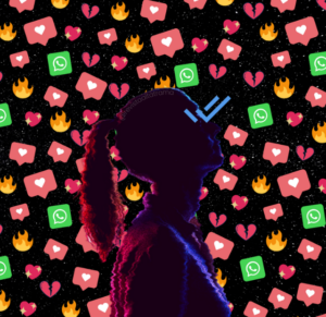 Silueta de persona con el símbolo de visto (doble tilde) sobre sus ojos. De fondo íconos de likes, emojis y logos de redes sociales.