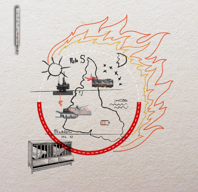 El mapa de América Latina invertido, del artista Joaquín Torres García, emana en este collage una llamarada de fuego que indica el calentamiento global.